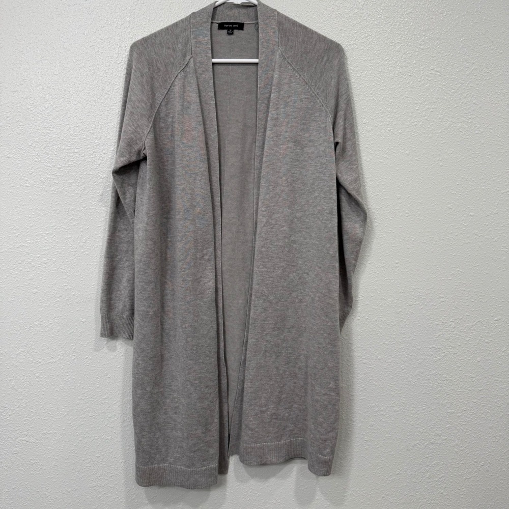 Verve Ami Womens Gray Long Open Front Cardigan Sweater M‎ Lightweight Knit